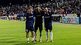 Nils Seufert, Emiliano Terzaghi and Adrian Billhardt celebrate during the Kickers’ fivegoal finale against Forward Madison.