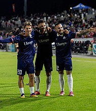 Nils Seufert, Emiliano Terzaghi and Adrian Billhardt celebrate during the Kickers’ fivegoal finale against Forward Madison.