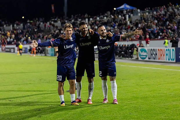 Nils Seufert, Emiliano Terzaghi and Adrian Billhardt celebrate during the Kickers’ fivegoal finale against Forward Madison.