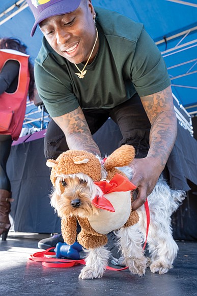 Fall Festivities in full swing at Midtown Green-Teddy Bear the Yorkie and his human, Gloria Washington, participate in the costume contest at the Pumpkin Festival. Hundreds of area residents embraced the fall spirit at the Scott’s Addition Pumpkin Festival on Saturday, Oct. 25. Held from noon to 6 p.m. at Midtown Green, the free, family-friendly event featured live music, more than 70 food trucks, a kids zone and a costume contest for kids, pets and adults. Attendees enjoyed local cuisine, beverages and entertainment throughout the afternoon. The event was organized by Three One One Productions and benefited NextUp RVA, a nonprofit that supports youth development through after-school programs. (Sandra Sellars/Richmond Free Press)