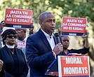 The Rev. Billy Cook, an Army veteran, speaks about how recent policies have affected him and other veterans during a “pray-in” outside the offices of U.S. Sens. Tim Kaine and Mark Warner at 919 E. Main St. in Richmond.