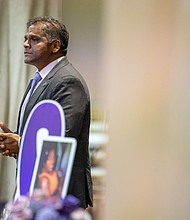 Cedar Street Baptist Church hosts community memorial- Mayor Danny Avula is in attendance as a few dozen Richmond residents, many wearing purple or displaying purple flowers or ribbons, filled Cedar Street Baptist Church on Thursday, Oct. 23 for YWCA Richmond’s Remember My Name memorial. The event, held during Domestic Violence Awareness Month, honored those who lost their lives to domestic violence and urged the community to take action to prevent future tragedies. (Julianne Tripp Hillian/Richmond Free Press)