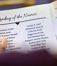 Cedar Street Baptist Church hosts community memorial-About 200 names were read aloud at the church during the memorial. A few dozen Richmond residents, many wearing purple or displaying purple flowers or ribbons, filled Cedar Street Baptist Church on Thursday, Oct. 23 for YWCA Richmond’s Remember My Name memorial. The event, held during Domestic Violence Awareness Month, honored those who lost their lives to domestic violence and urged the community to take action to prevent future tragedies. (Julianne Tripp Hillian/Richmond Free Press)