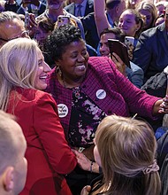 Governor-elect Abigail Spanberger greets supporters Tuesday at the Richmond Convention Center after defeating Republican Winsome Earle-Sears.