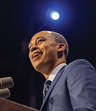 Former Norfolk delegate Jay Jones addresses supporters Tuesday after
defeating Republican Jason Miyares to become attorney general.