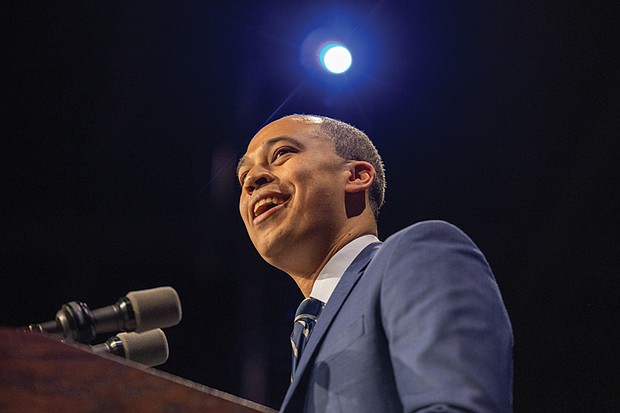 Former Norfolk delegate Jay Jones addresses supporters Tuesday after
defeating Republican Jason Miyares to become attorney general.