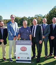 From left: Gerald Taylor, sports sales and events manager, Richmond Region Tourism; Matt Mullen, assistant director of sports and events, Chesterfield County Sports, Visitation and Entertainment; Patrick Cansfield, director of development, American Junior Golf Association;
Troy Thorne, PGA head professional, The Golf Club at The Highlands; Kevin Carroll, Chesterfield County Board of Supervisors, Matoaca District; Matt Harris, deputy county administrator, Chesterfield County; J.C. Poma, executive director, Chesterfield County Sports, Visitation and Entertainment; Reed Thorne, assistant golf professional, The Golf Club at The Highlands.