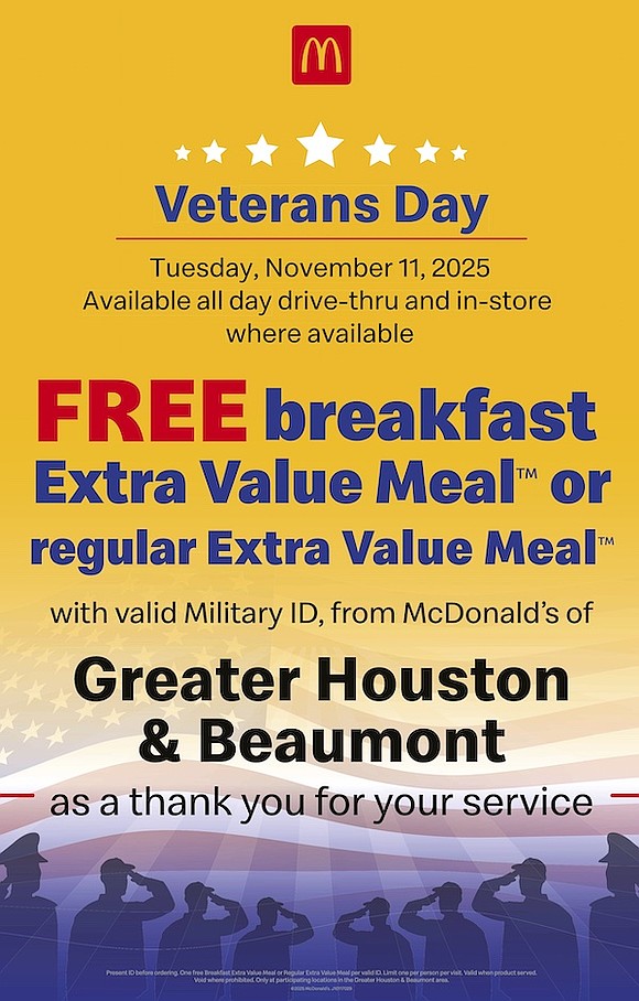 This Veterans Day, McDonald’s is honoring Houston’s military servicemen and women with free breakfast and Extra Value Meals. See how … This Veterans Day, McDonald’s is honoring Houston’s military servicemen and women with free breakfast and Extra Value Meals. See how …