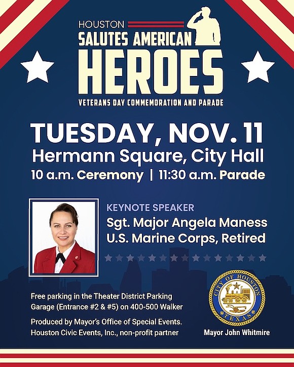Houston honors its veterans on Tuesday, Nov. 11, 2025, with a citywide parade, ceremony, and keynote address by retired Marine … Houston honors its veterans on Tuesday, Nov. 11, 2025, with a citywide parade, ceremony, and keynote address by retired Marine …