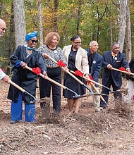 Groundbreaking ceremony commemorates Brown Grove School-The Brown Grove School Memorial Committee held a groundbreaking ceremony Oct. 26 for a new memorial across from Brown Grove Baptist Church in Ashland. The memorial honors the historic Brown Grove School, a two-room schoolhouse built in 1925 that educated African American children in grades 1–7 until it was destroyed by fire in 1942. The school served as a center of learning, pride, and resilience for the Brown Grove community. The Rev. Darius Beecham, Saundra Watkins, Brenda Brown, Stefany Whittaker, Benjamin Jackson, Roger Brown, Shelia Spencer and Renada Harris celebrate the start of construction at Brown Grove.(Sandra Sellars/Richmond Free Press)