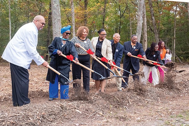 Groundbreaking ceremony commemorates Brown Grove School-The Brown Grove School Memorial Committee held a groundbreaking ceremony Oct. 26 for a new memorial across from Brown Grove Baptist Church in Ashland. The memorial honors the historic Brown Grove School, a two-room schoolhouse built in 1925 that educated African American children in grades 1–7 until it was destroyed by fire in 1942. The school served as a center of learning, pride, and resilience for the Brown Grove community. The Rev. Darius Beecham, Saundra Watkins, Brenda Brown, Stefany Whittaker, Benjamin Jackson, Roger Brown, Shelia Spencer and Renada Harris celebrate the start of construction at Brown Grove.(Sandra Sellars/Richmond Free Press)