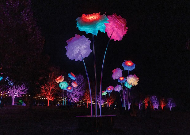 Lights and color transform Maymont for Garden Glow-Garden Glow has returned to Maymont’s gardens nightly, through Nov. 9.  The light sculpture installations at Garden Glow were created by U.K.-based Culture Creative in collaboration with French art studios Tilt and Pitaya. Richmond-based Lighting & Sound Co. worked with Maymont staff on the experience. Right, after dark, Maymont transforms into an enchanted landscape with soft colors and special lighting effects. The annual event features mesmerizing light installations by international artists — some paired with coordinated soundscapes and music — along with the activity filled Glow Village, food and drinks.  Proceeds support the care of Maymont’s gardens, resident animals and historic mansion. See maymont.org for details. (Julianne Tripp Hillian/Richmond Free Press)