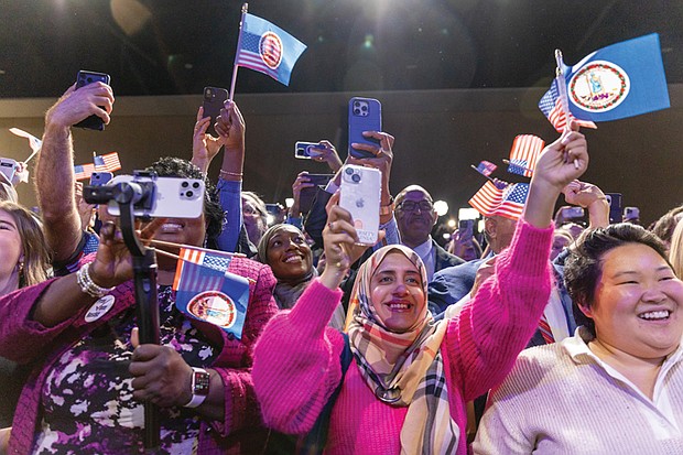 Supporters listen to Abigail Spanberger’s acceptance speech after she was elected Virginia’s first female governor at the Richmond Convention Center on Tuesday. (Julianne Tripp Hillian/Richmond Free Press)