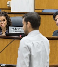 Richmond City Council members Andrew S. Breton, 1st District, and Kenya J. Gibson, 3rd District, listen to public comments during the Nov. 10 City Council meeting on a proposed $2 million allocation to the Affordable Housing Trust Fund.