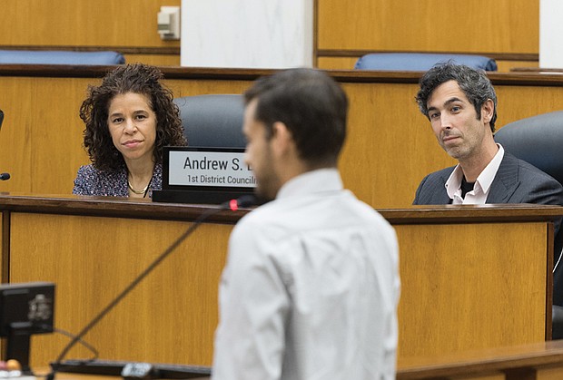 Richmond City Council members Andrew S. Breton, 1st District, and Kenya J. Gibson, 3rd District, listen to public comments during the Nov. 10 City Council meeting on a proposed $2 million allocation to the Affordable Housing Trust Fund.