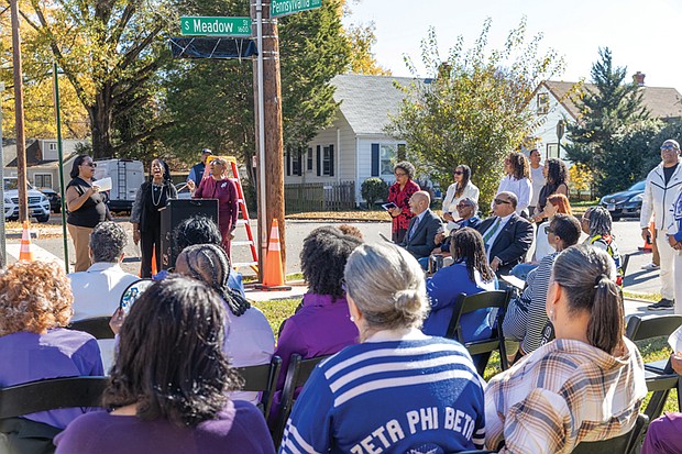 Richmond educator, church leader recognized-Family, friends and community members gathered Saturday, Nov. 8 to unveil a street sign honoring Joan Belle Christian, a beloved Richmond educator, humanitarian and community advocate. The 1600 block of South Meadow Street. is now known as Dr. Joan Belle Christian Street, recognizing her lifelong service and impact on generations of students, families and neighbors. A devoted lifelong member of Third Street Bethel A.M.E. Church in the historic Jackson Ward neighborhood, Christian’s dedication helped shape the church’s mission and community presence. She also served as a special education teacher in Richmond Public Schools for 29 years and held leadership roles with Zeta Phi Beta Sorority Inc. and the National Council of Negro Women. (Julianne Tripp Hillian/Richmond Free Press)