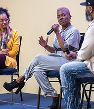 Community tunes in for Radio One’s health expo-Radio One hosted its 2nd Annual Community Health & Wellness Expo on Saturday, Nov. 8, at Victory Theater & Event Center on Midlothian Turnpike. The event encouraged attendees to prioritize their health through panel discussions on physical, mental and spiritual wellness as well as free screenings, health resources and wellness tools. Guests also participated in interactive activities including a 10-minute breathe and stretch session and a 15-minute Zumba class. Ms. Community Clovia (center) of 99.3 Kiss Richmond hosts a panel with social worker Shayla Walker (left) and program
and strategic development consultant Cary Goodman (right) on
“Breaking the Cycle: How to Rewrite Family Health History.” (Julianne Tripp Hillian/Richmond Free Press)