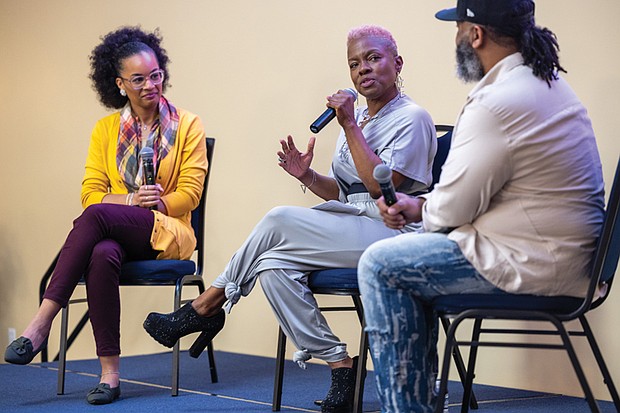 Community tunes in for Radio One’s health expo-Radio One hosted its 2nd Annual Community Health & Wellness Expo on Saturday, Nov. 8, at Victory Theater & Event Center on Midlothian Turnpike. The event encouraged attendees to prioritize their health through panel discussions on physical, mental and spiritual wellness as well as free screenings, health resources and wellness tools. Guests also participated in interactive activities including a 10-minute breathe and stretch session and a 15-minute Zumba class. Ms. Community Clovia (center) of 99.3 Kiss Richmond hosts a panel with social worker Shayla Walker (left) and program
and strategic development consultant Cary Goodman (right) on
“Breaking the Cycle: How to Rewrite Family Health History.” (Julianne Tripp Hillian/Richmond Free Press)