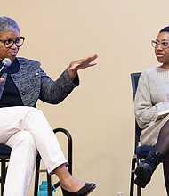 Community tunes in for Radio One’s health expo-Radio One hosted its 2nd Annual Community Health & Wellness Expo on Saturday, Nov. 8, at Victory Theater & Event Center on Midlothian Turnpike. The event encouraged attendees to prioritize their health through panel discussions on physical, mental and spiritual wellness as well as free screenings, health resources and wellness tools. Guests also participated in interactive activities including a 10-minute breathe and stretch session and a 15-minute Zumba class. Dawn Anderson, culinary and clinical dietitian, and Shanta Jackson, registered dietitian, speak on the panel “Sugar, Salt
and Survival: Tackling Diabetes and High Blood Pressure.” (Julianne Tripp Hillian/Richmond Free Press)