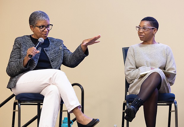 Community tunes in for Radio One’s health expo-Radio One hosted its 2nd Annual Community Health & Wellness Expo on Saturday, Nov. 8, at Victory Theater & Event Center on Midlothian Turnpike. The event encouraged attendees to prioritize their health through panel discussions on physical, mental and spiritual wellness as well as free screenings, health resources and wellness tools. Guests also participated in interactive activities including a 10-minute breathe and stretch session and a 15-minute Zumba class. Dawn Anderson, culinary and clinical dietitian, and Shanta Jackson, registered dietitian, speak on the panel “Sugar, Salt
and Survival: Tackling Diabetes and High Blood Pressure.” (Julianne Tripp Hillian/Richmond Free Press)