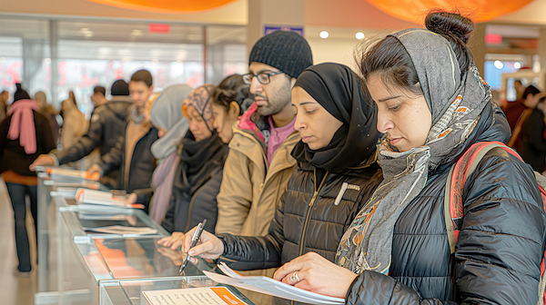 Refugees receiving legal assistance from volunteers, expressions of hope and worry, sense of seeking protection and rights, indoor setting with documents and legal advisors, focus on refugee rights