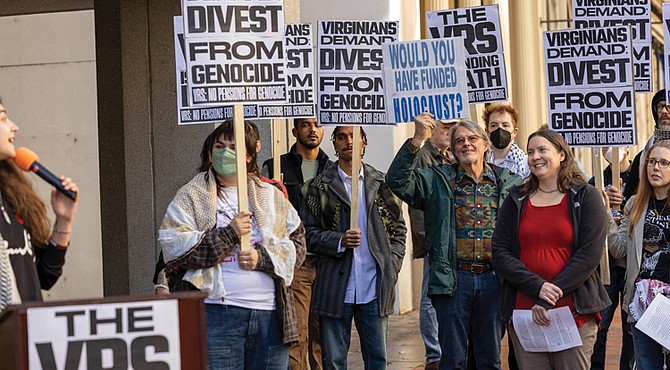 The No Pensions for Genocide campaign held a press conference Thursday, Nov. 13, outside the Virginia Retirement System building on East Main Street, urging the fund to divest from companies they say are connected to the war in Gaza.