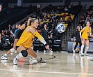 VCU’s Lannah Price bumps the ball in the championship finals against Loyola. The Rams celebrate a hard-fought 3-0 victory over Dayton that sends them to the A-10 Championship match for the first time since 2020.