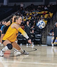 VCU’s Lannah Price bumps the ball in the championship finals against Loyola. The Rams celebrate a hard-fought 3-0 victory over Dayton that sends them to the A-10 Championship match for the first time since 2020.
