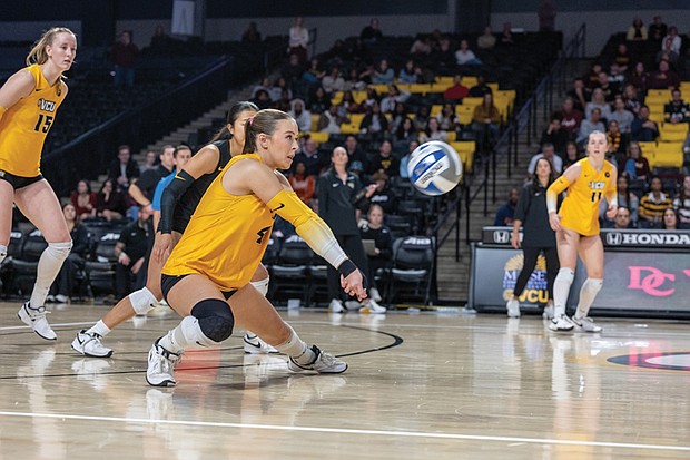 VCU’s Lannah Price bumps the ball in the championship finals against Loyola. The Rams celebrate a hard-fought 3-0 victory over Dayton that sends them to the A-10 Championship match for the first time since 2020.