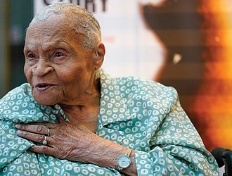 Tulsa Race Massacre survivor Viola Ford Fletcher gestures while speaking during a 2023 interview.