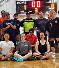 Richmond Floorball Club players after a recent session at the RCSSC Annex, where the club offers beginner-friendly pickup games and league play for the growing local floorball community.