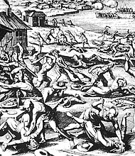 Matthäus Merian’s woodcut print depicts brutal bloodshed in Jamestown, shaping European attitudes toward Native Americans.