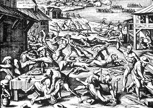 Matthäus Merian’s woodcut print depicts brutal bloodshed in Jamestown, shaping European attitudes toward Native Americans.