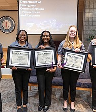 Richmond welcomes newest emergency dispatchers Five new 911 dispatchers — Temaya Charity, Annisha Rustin, Tenaria Cutler, Megan Look and Jayden Berry — graduated Oct. 31 from the Department of Emergency Communications’ 48th Basic Dispatch Academy. They join 70 full-time officers at the Richmond Emergency Communications Center, the second-busiest 911 center in Virginia. (photo by Julianne Tripp Hillian/Richmond Free Press)