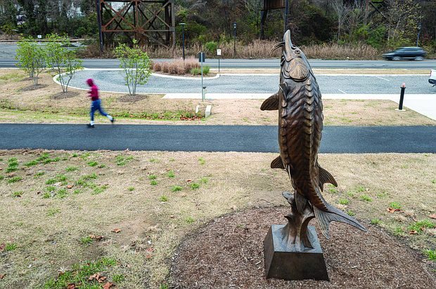 Cityscape Slices of life and scenes in Richmond-A runner passes David H. Turner’s “Atlantic Sturgeon” sculpture outside the James A. Buzzard
River Education Center at Dock Street Park along the Virginia Capital Trail. The sculpture celebrates the return of the Atlantic sturgeon to the James River and highlights the James River Association’s efforts to restore the river, reconnect the community to its waterfront and promote
environmental education. (photo by Sandra Sellars/Richmond Free Press)