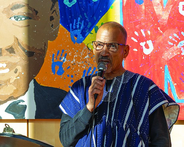 Lighting the way for healing and change-In Richmond, the Drums No Guns Foundation recently celebrated a $96,638 Health Equity Fund grant from the Richmond and Henrico Public Health Foundation to support youth mental and behavioral health in schools affected by community violence. The year-long project, led by Ram Bhagat and coordinated by Kiran Bhagat, brings restorative justice practices to Martin Luther King Jr. Middle School, in
collaboration with community-based educators, artists and public health partners. Ram Bhagat speaks at a news conference on Nov. 10 at Martin
Luther King Jr. Middle School where the Drums No Guns Foundation announced the awarding of the grant. (Photo by Julianne Tripp Hillian/Richmond Free Press)