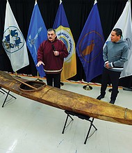 From left, Paul Irngaut, acting president of Nunavut Tunngavik Inc., Duane Smith, chair and CEO of the Inuvialuit Regional Corp., Darrel Nasogaluak, elder and chair of Tuktoyaktuk Community Corp. and Natan Obed, president of Inuit Tapiriit Kanatami, answer questions at the Canadian Museum of History in Gatineau, Quebec, on Tuesday after the unveiling of a traditionally built Inuvialuit kayak and a selection of Inuit items.