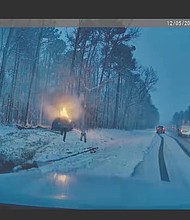 A Virginia state trooper, with help from Good Samaritans, pulled a Maryland man from his 2024 Tesla after it ran off the road and caught fire early Friday. The dash-cam image shows the moment after the rescue.