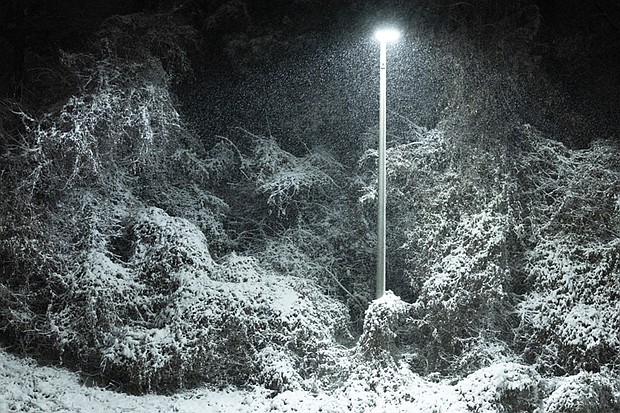 Cityscape Slices of life and scenes in Richmond-A street lamp casts a warm glow on snow-covered trees off Interstate 95 during Richmond’s second round of winter weather on Monday, Dec. 8. (photo by Julianne Tripp Hillian/Richmond Free Press)