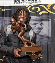 Curtis Allen of Virginia Union University, recently named the 2025 HBCU
GO Football Offensive Player of the Year, accepts the Black College
Player of the Year Award at the 3rd Annual Maxie Awards Banquet at
the Robinson Theater Community Arts Center on Wednesday, Dec. 3.