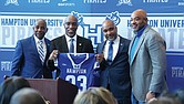 Hampton University President Darrell K. Williams, left, introduces Van Malone as the Pirates’ 23rd head football coach during a news conference Friday. Also pictured are athletic director Anthony D. Henderson Sr. and Board of Trustees member Calvin Butts.