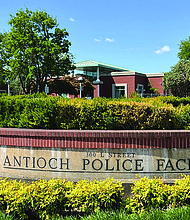 A sign marks the exterior of the Antioch police headquarters in Antioch, Calif., on April 19, 2023.