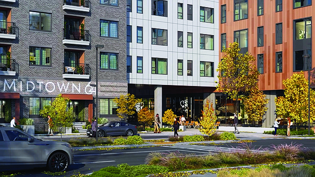 An artist’s rendering of Midtown64, a $500 million, 46-acre mixed-use
development at the Interstate 64/Broad Street junction in Henrico County. The project will feature retail, restaurants, entertainment space, office buildings, apartments, town homes and a hotel.