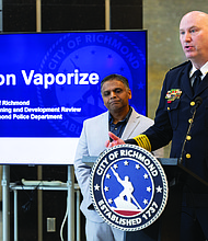 Richmond Police Chief Rick Edwards and Mayor Danny Avula discuss the city’s Operation Vaporize initiative during a press conference at City Hall on Friday.