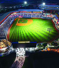 A rendering of an aerial view of CarMax Park, Richmond’s $90 million downtown ballpark opening April 7, 2026. The 10,000-seat stadium will host Flying Squirrels games, concerts and festivals throughout the year.