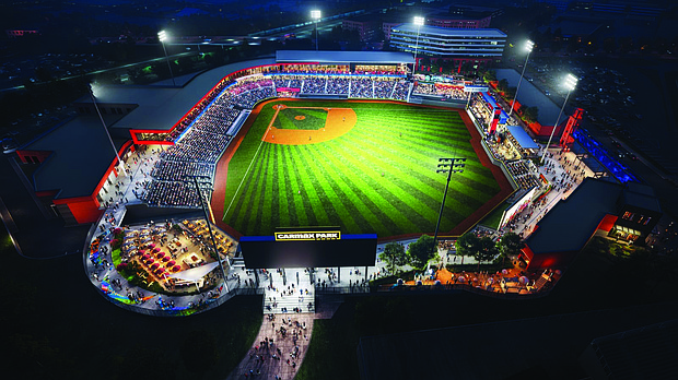 A rendering of an aerial view of CarMax Park, Richmond’s $90 million downtown ballpark opening April 7, 2026. The 10,000-seat stadium will host Flying Squirrels games, concerts and festivals throughout the year.