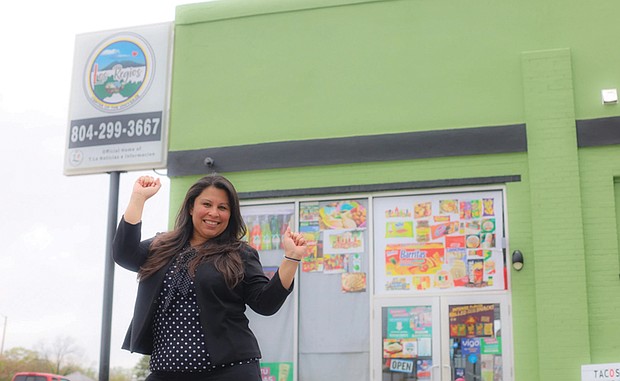 Teresa Lopez de Ocanas is photographed outside Los Regios Tienda Latina, the store she owns in Ashland.