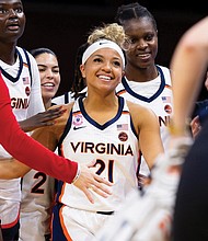 Virginia junior guard Kymora Johnson earned ACC Player of the Week honors after scoring a career-high 41 points, including 10 three-pointers, in Virginia’s 88-53 win over Winthrop.