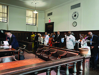 Members of Harlem’s Abyssinian Baptist Church attend a court hearing in Lower Manhattan in New York City on July 17.