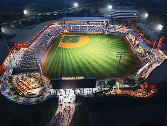 Aerial rendering of CarMax Park and surrounding development in Richmond’s Diamond District, where negotiations between the Flying Squirrels and VCU over stadium use have stalled, potentially delaying the larger mixed-use project.